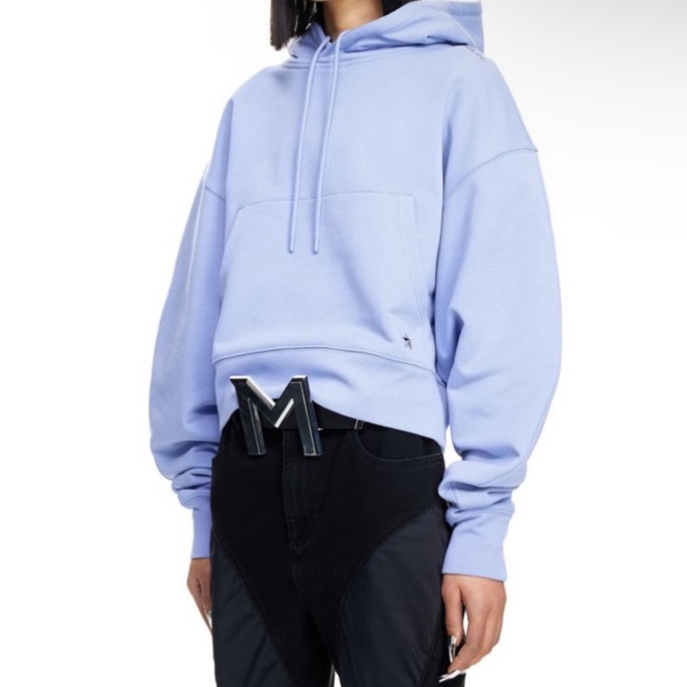 🆕MUGLER X H&M BABY BLUE CROPPED BALLOON SLEEVE HOODIE WITH SILVER STAR & LOGO - Picture 6 of 8